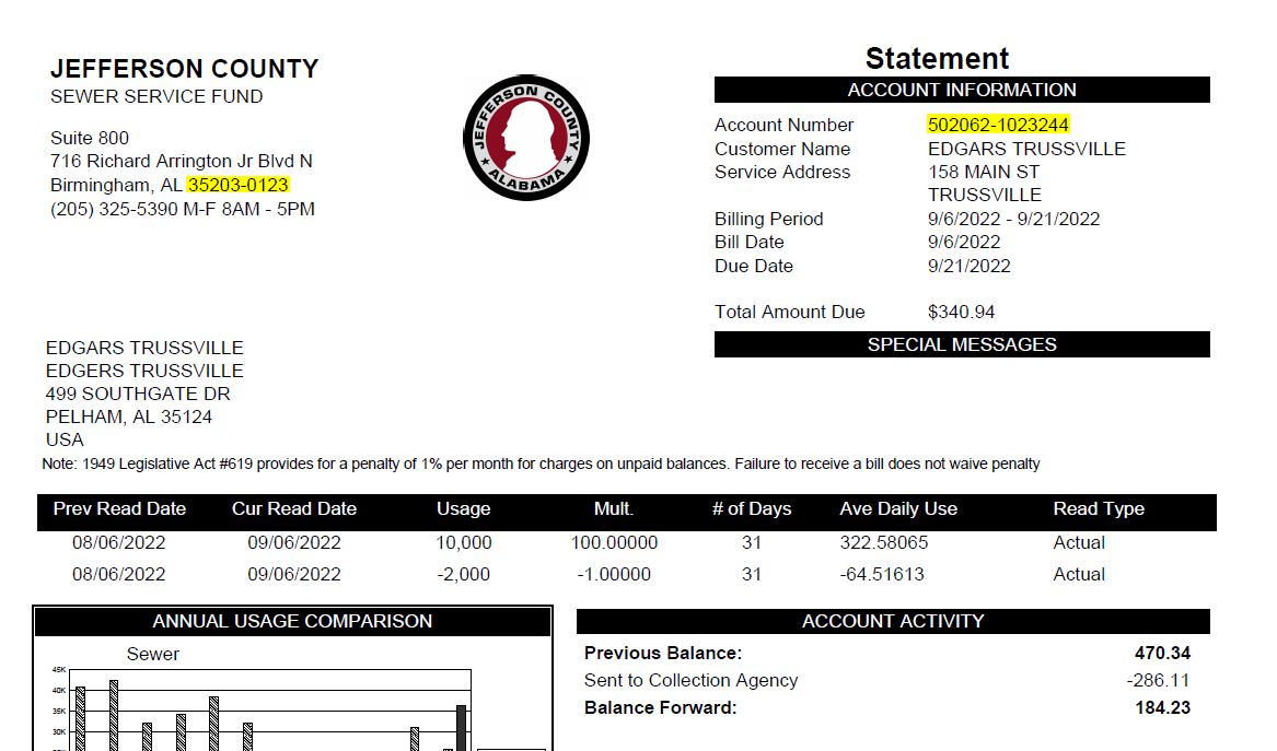 You can find your account number and service zip code on your bill as shown.